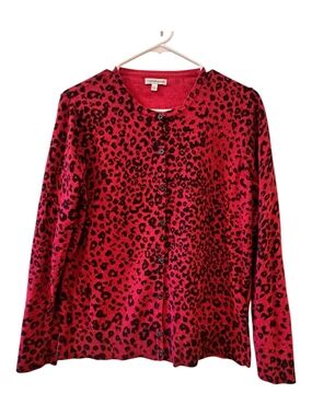 croft & barrow Red and Black Leopard Print  Cardigan 100% Cotton  size L juniors